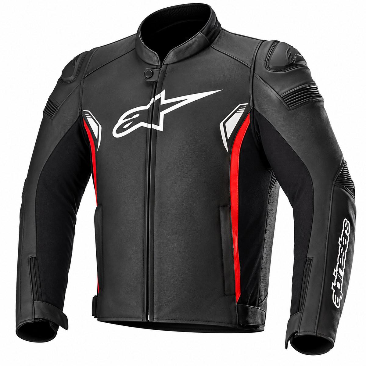 Black Alpinestars leather motorcycle jacket with white logo graphics and red side accents, shown on a plain white background.