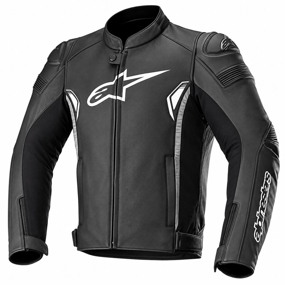 A black Alpinestars motorcycle leather jacket with white logo graphics on the chest and sleeve, displayed on a clean white background.
