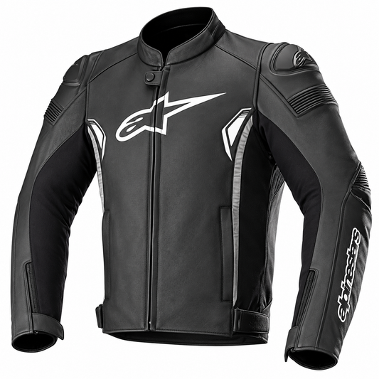 A black Alpinestars motorcycle leather jacket with white logo graphics on the chest and sleeve, displayed on a clean white background.