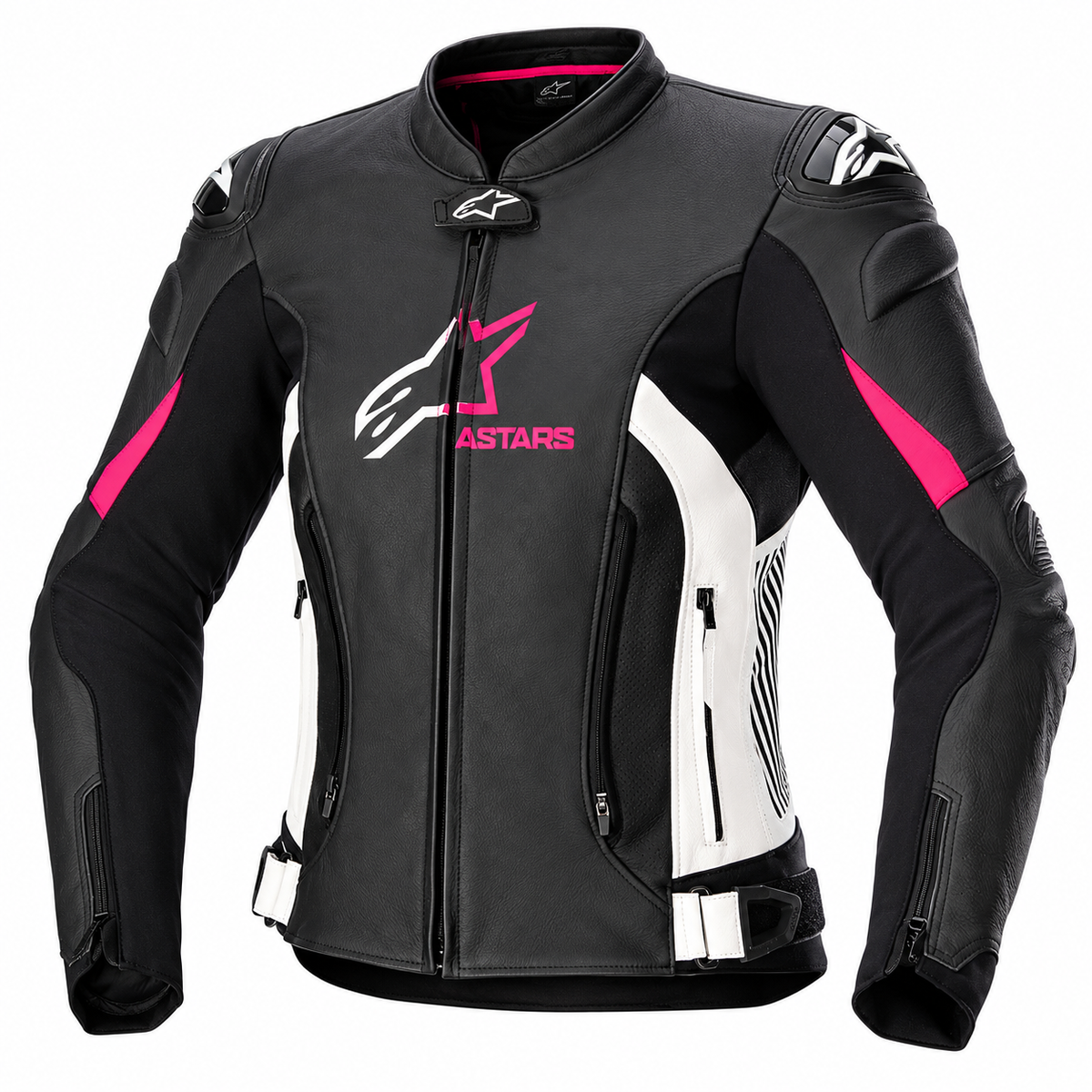 Alpinestars motorcycle jacket in black, white, and pink, featuring protective armor plates, a full-front zipper, and the Alpinestars logo on the chest.