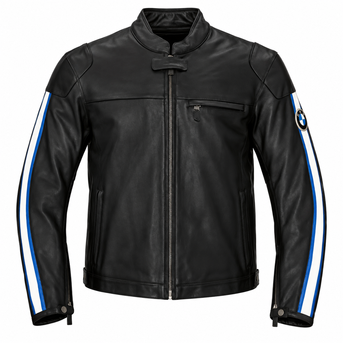 A black leather motorcycle jacket with a stand collar, front zipper, zippered chest pocket, and distinctive blue and white racing stripes running down both sleeves. A circular BMW logo patch is visible on the right sleeve.