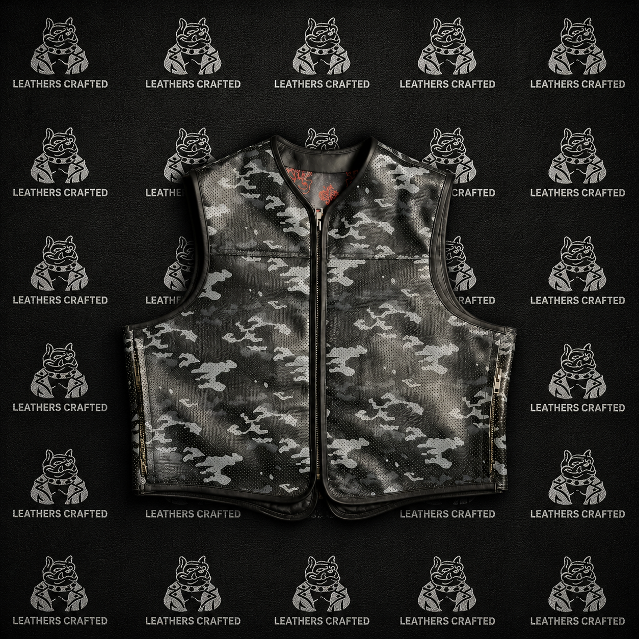 A black and gray digital camouflage leather vest with a front zipper, displayed flat against a dark background with a repeating 'LEATHERS CRAFTED' watermark pattern.
