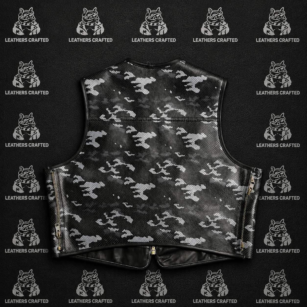 A black leather vest with a white camouflage pattern, shown from the back against a black background with a repeating 'LEATHERS CRAFTED' logo watermark.
