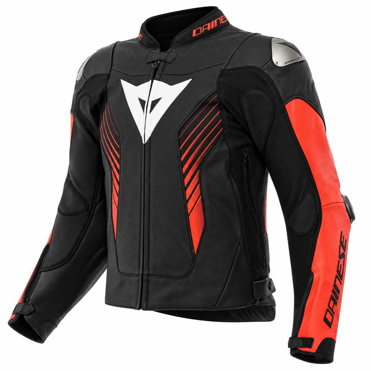 A black and red Dainese motorcycle jacket with a white chest logo, shown on a plain white background.