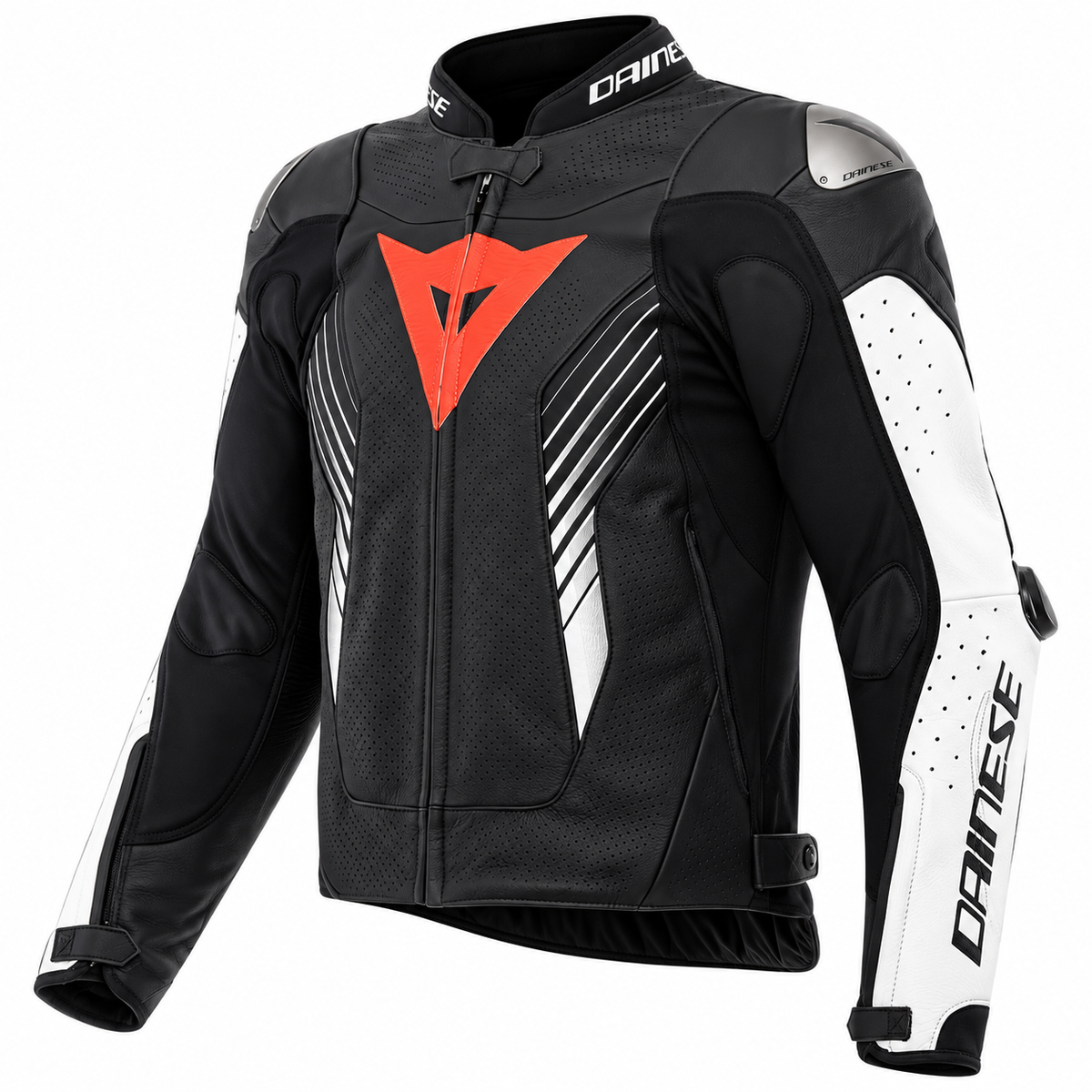 A black and white Dainese motorcycle leather jacket with a bright orange-red Dainese logo on the chest, shown on a clean white background.