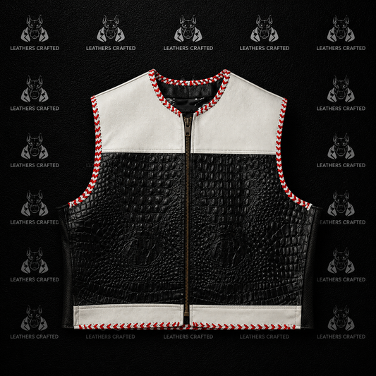 A sleeveless zip-front vest with a black crocodile-embossed body, white yoke panels, and red-and-white striped trim, shown flat against a dark patterned background.