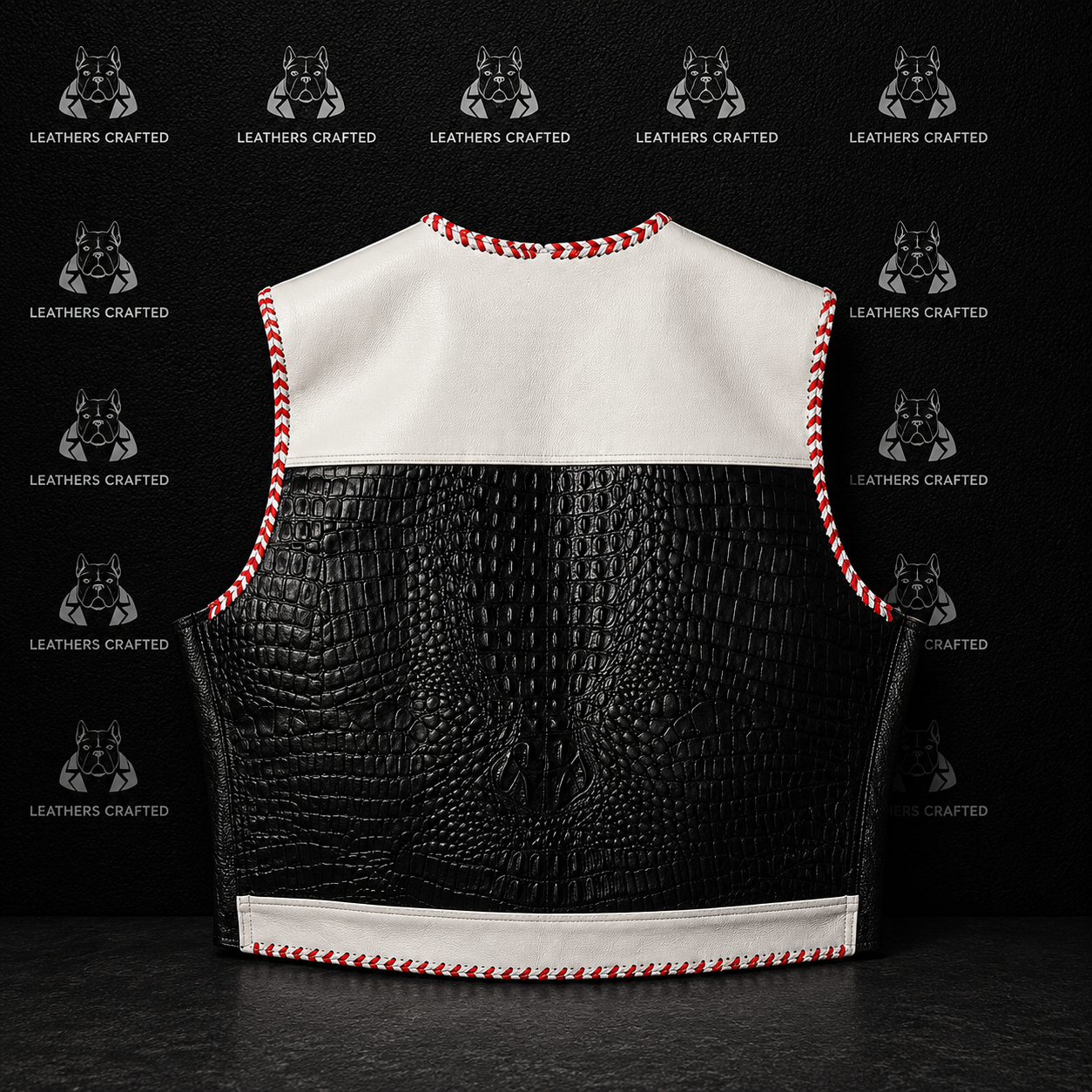 Premium Black & White Crocodile Embossed Leather Motorcycle Vest for Men