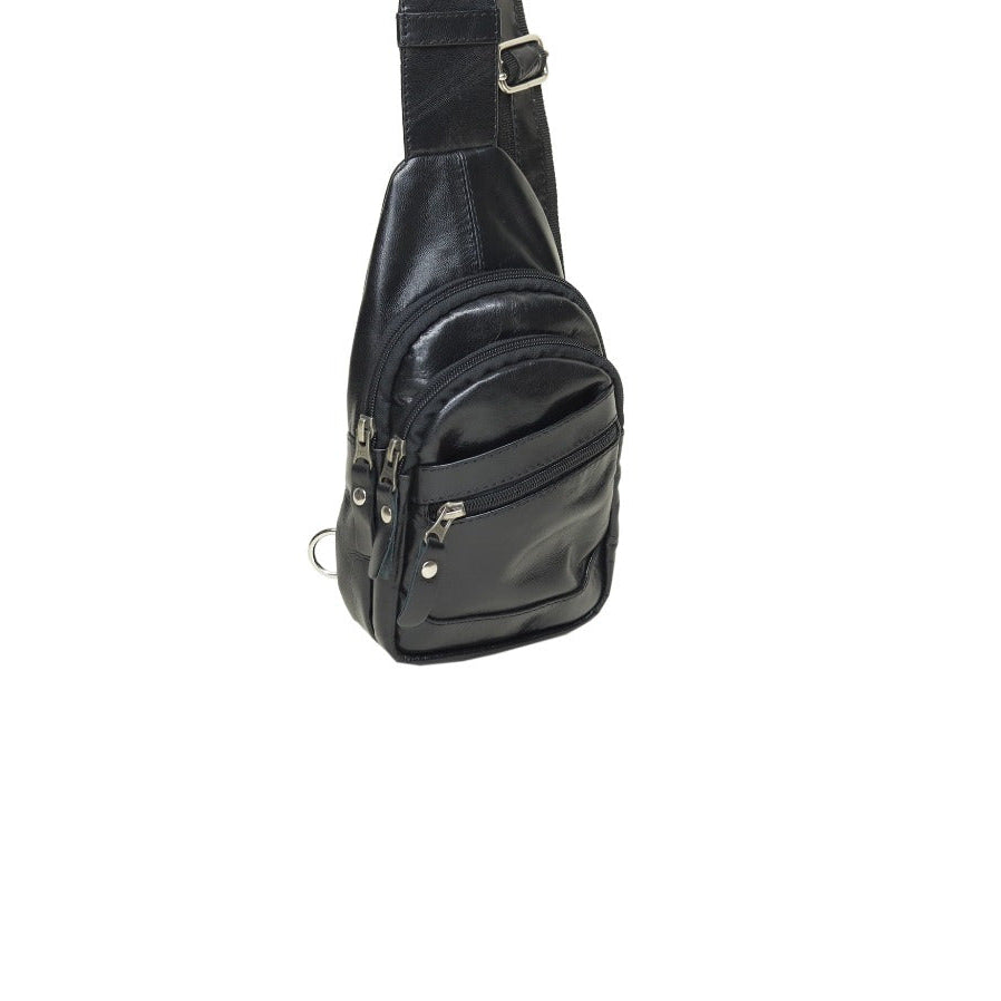 A black leather sling bag with a front zippered pocket and a silver metal buckle.