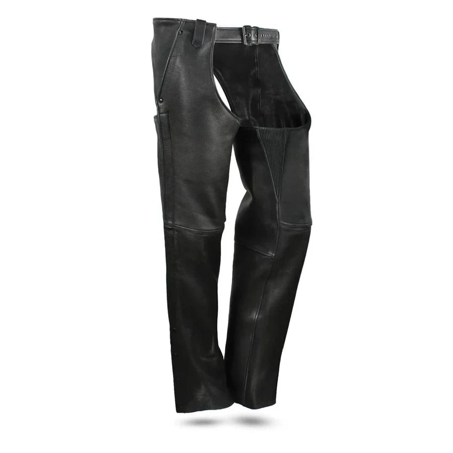 Men's black genuine leather motorcycle chaps with buckle waist strap and side zip pocket