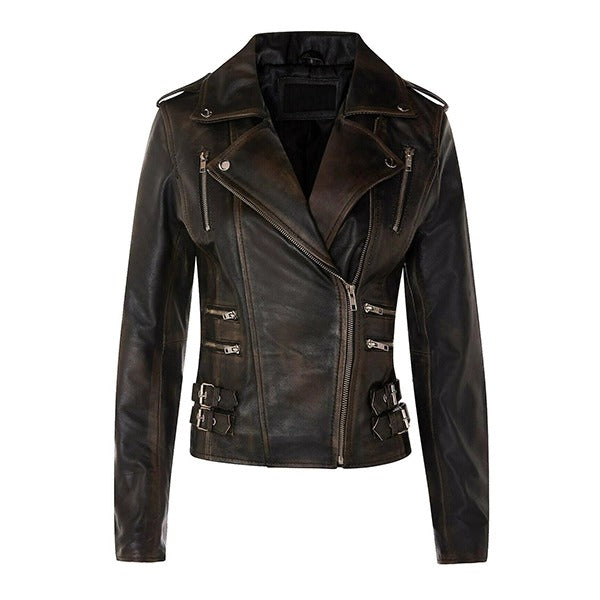 Women’s black leather biker jacket with asymmetric zip, multiple pockets and buckle detailing by Leathers Crafted