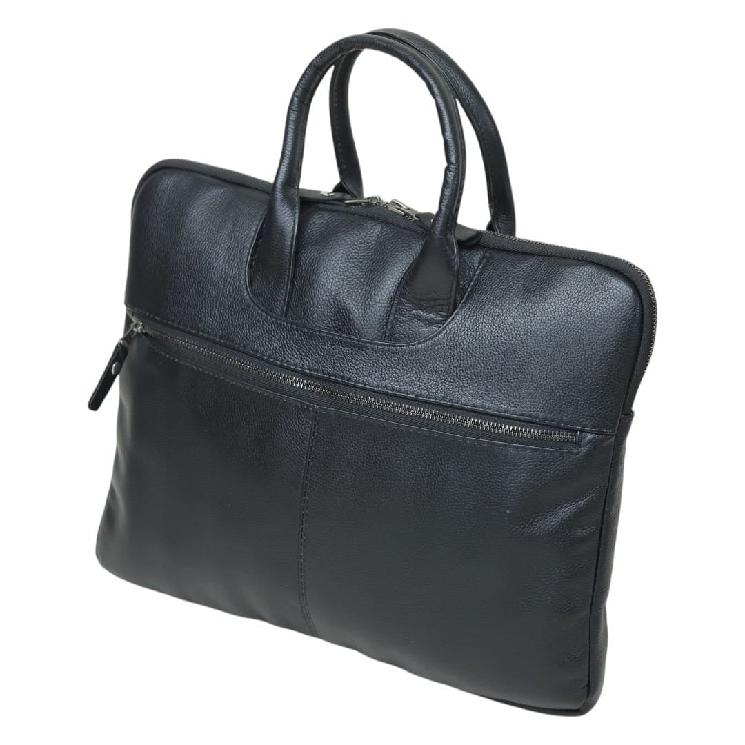 Black pebbled leather briefcase with dual top handles and a front zippered pocket, shown on a plain white background.