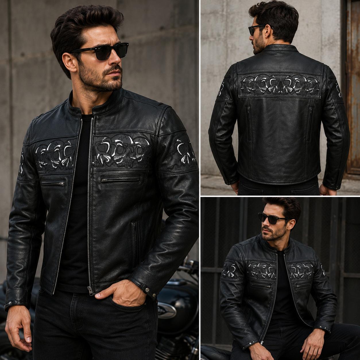 Men's Skull Print Café Racer Leather Jacket – Black Moto Biker Jacket