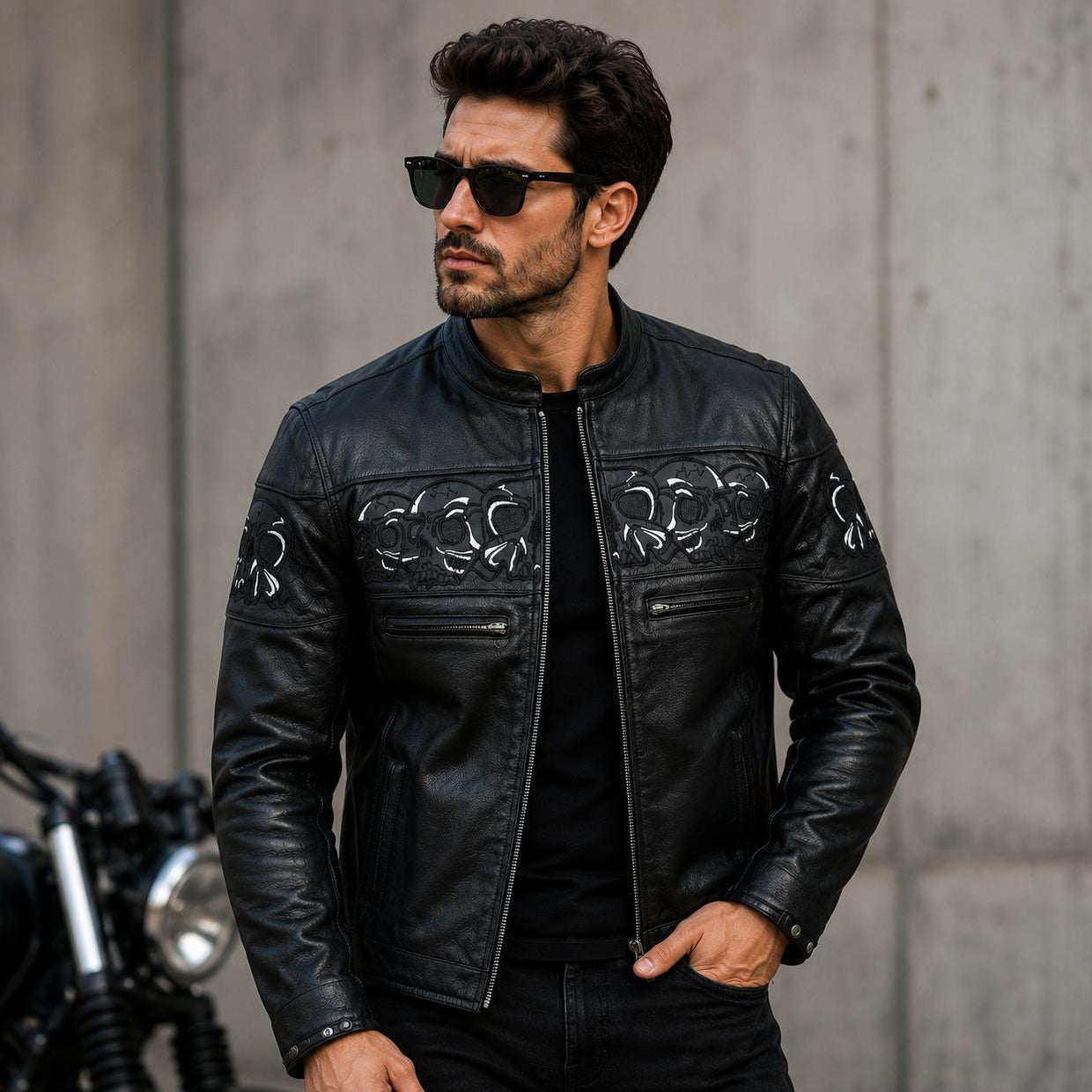 Man wearing a black leather jacket with decorative patterns, standing against a concrete wall.