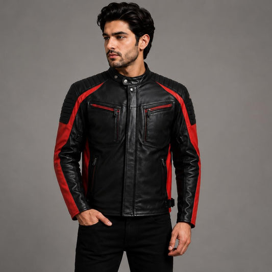 Man wearing a black leather jacket with red accents on a gray background