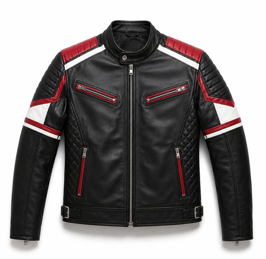 Men's Racing Stripe Leather Motorcycle Jacket – Black Red & White Biker Jacket