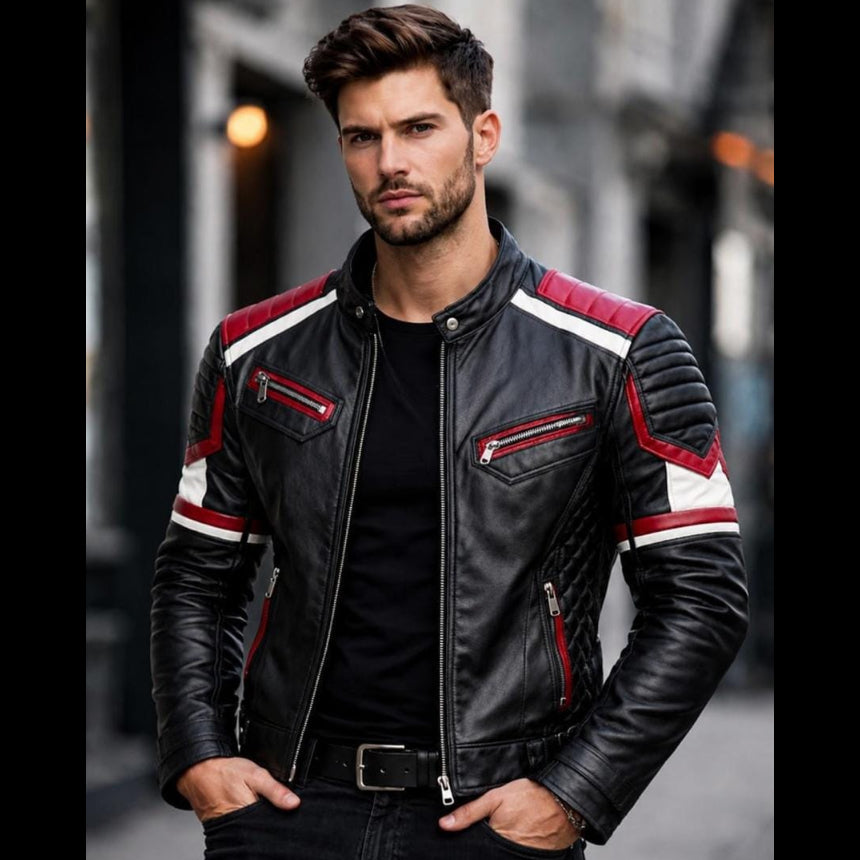 Man wearing a black leather jacket with red and white accents on a blurred street background