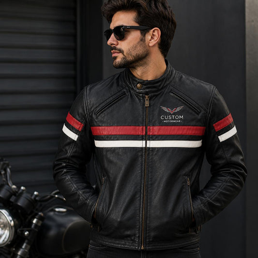 Man wearing a black leather jacket with red and white stripes, standing next to a motorcycle.