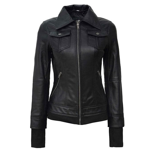 Women's black leather jacket with shirt collar, chest flap pockets and angled zip pockets
