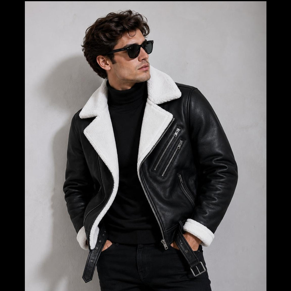 Men's Shearling Collar Leather Biker Jacket – Black Moto Jacket with White Faux Fur