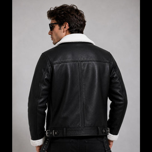 Men's Shearling Collar Leather Biker Jacket – Black Moto Jacket with White Faux Fur