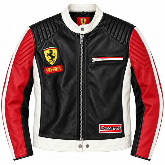 A black leather motorcycle jacket with red and white panels, featuring the Ferrari shield logo on the left chest, a red and white zippered chest pocket, and a Bridgestone logo patch near the bottom hem.