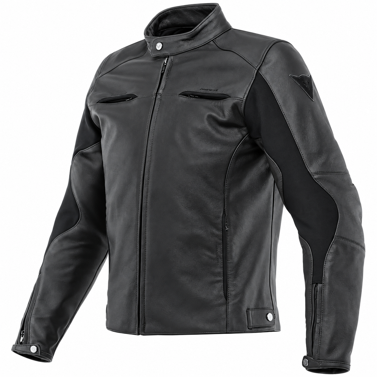 A black leather motorcycle jacket with a stand collar, front zipper, and contrasting black fabric panels on the shoulders and sleeves, shown on a plain white background.
