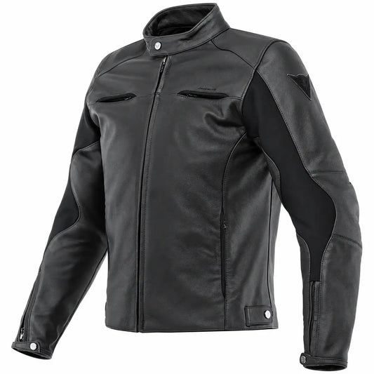 A black leather motorcycle jacket with a stand collar, front zipper, and contrasting black fabric panels on the shoulders and sleeves, shown on a plain white background.