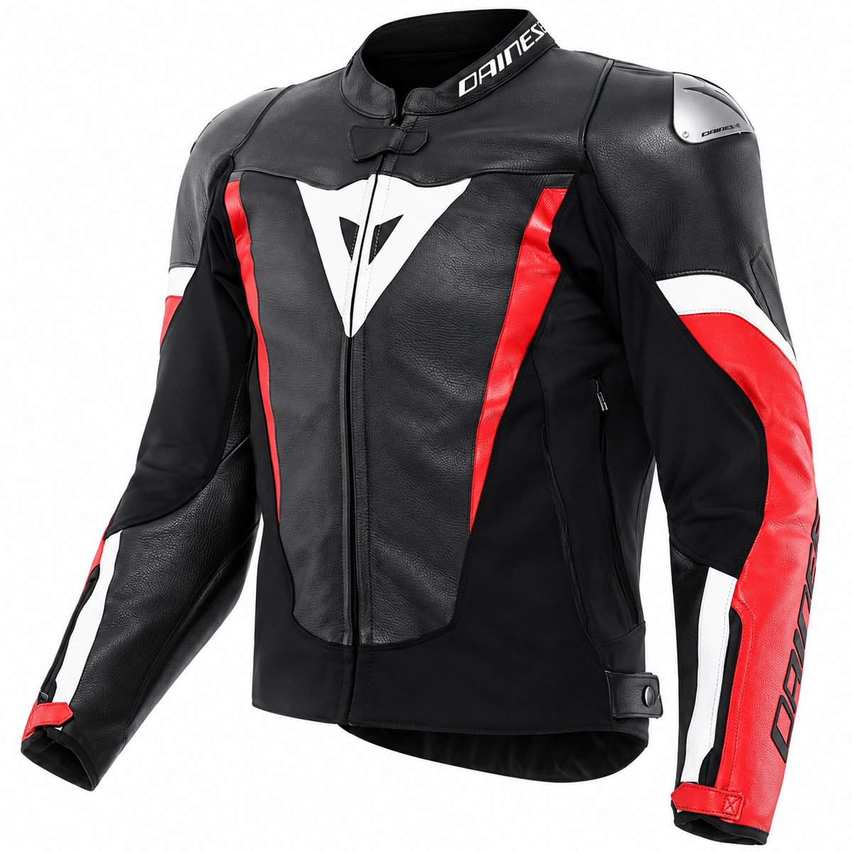 A black leather motorcycle jacket with red and white graphic accents, featuring the Dainese brand name on the collar and sleeve.