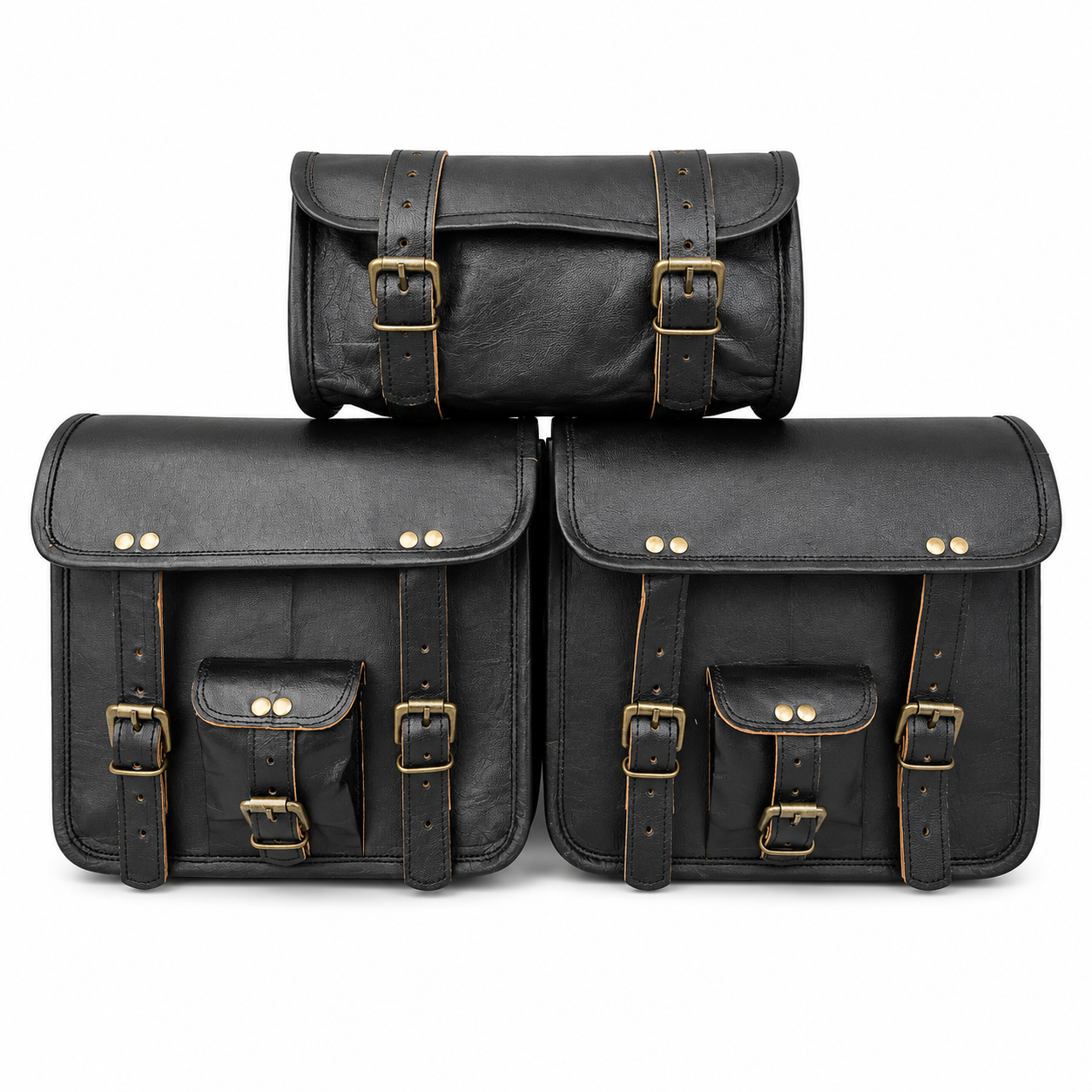 Black leather motorcycle saddlebag set with two side saddlebags and center tool roll bag