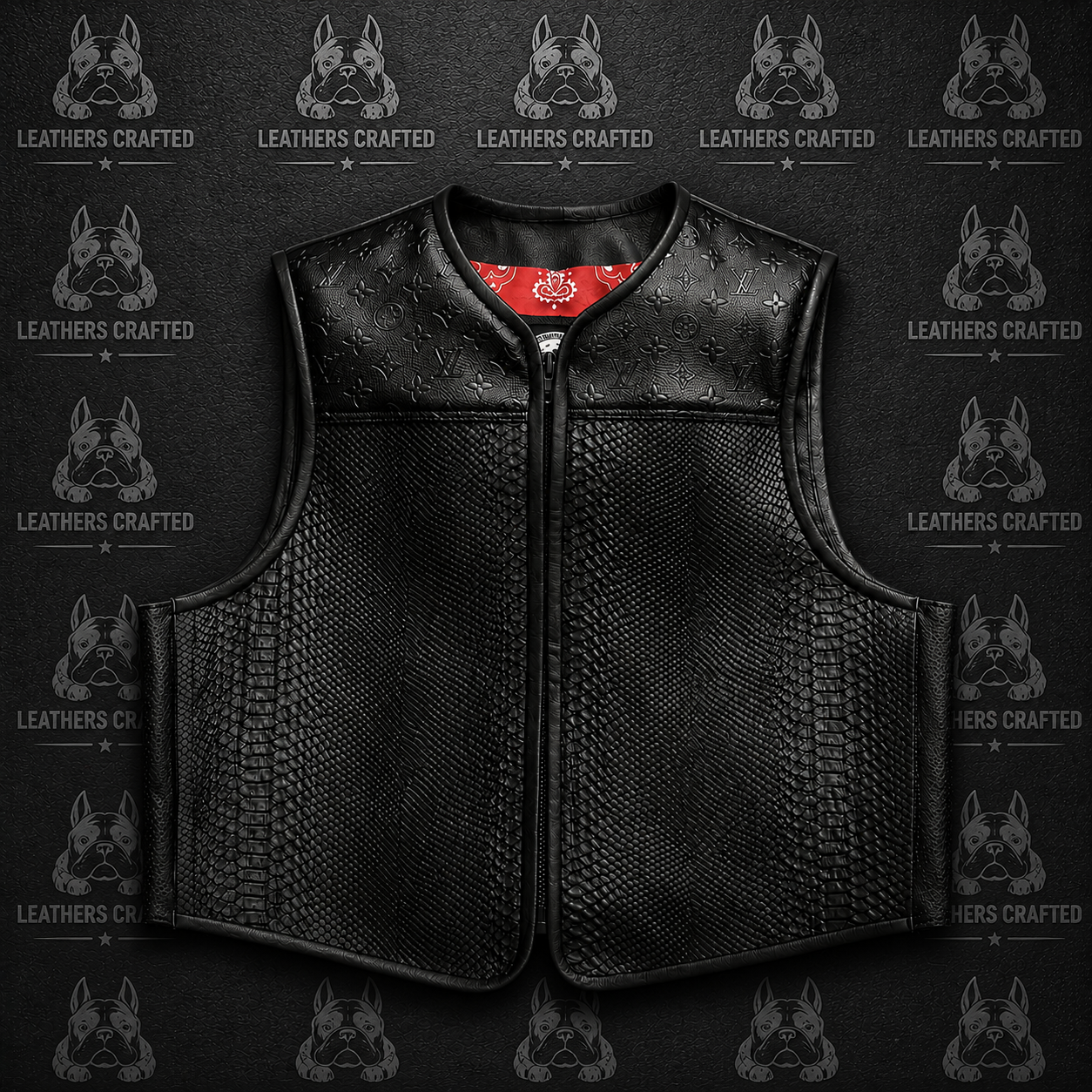 A black leather motorcycle vest with a textured pattern, featuring a front zipper and a red inner collar label, displayed against a dark background with a repeating 'Leathers Crafted' dog logo watermark.