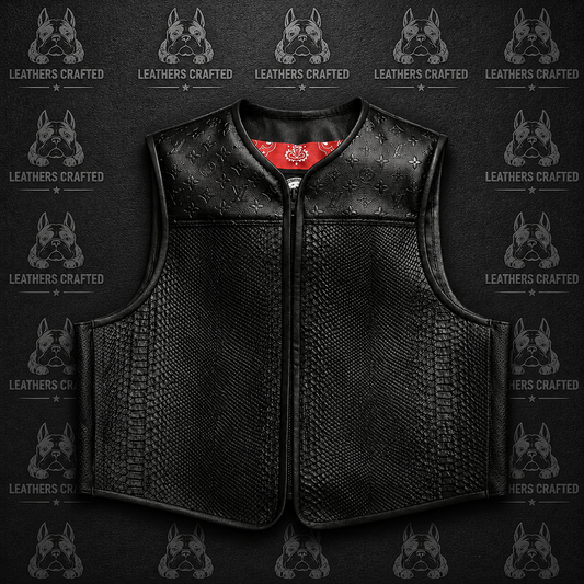 A black leather motorcycle vest with a textured pattern, featuring a front zipper and a red inner collar label, displayed against a dark background with a repeating 'Leathers Crafted' dog logo watermark.