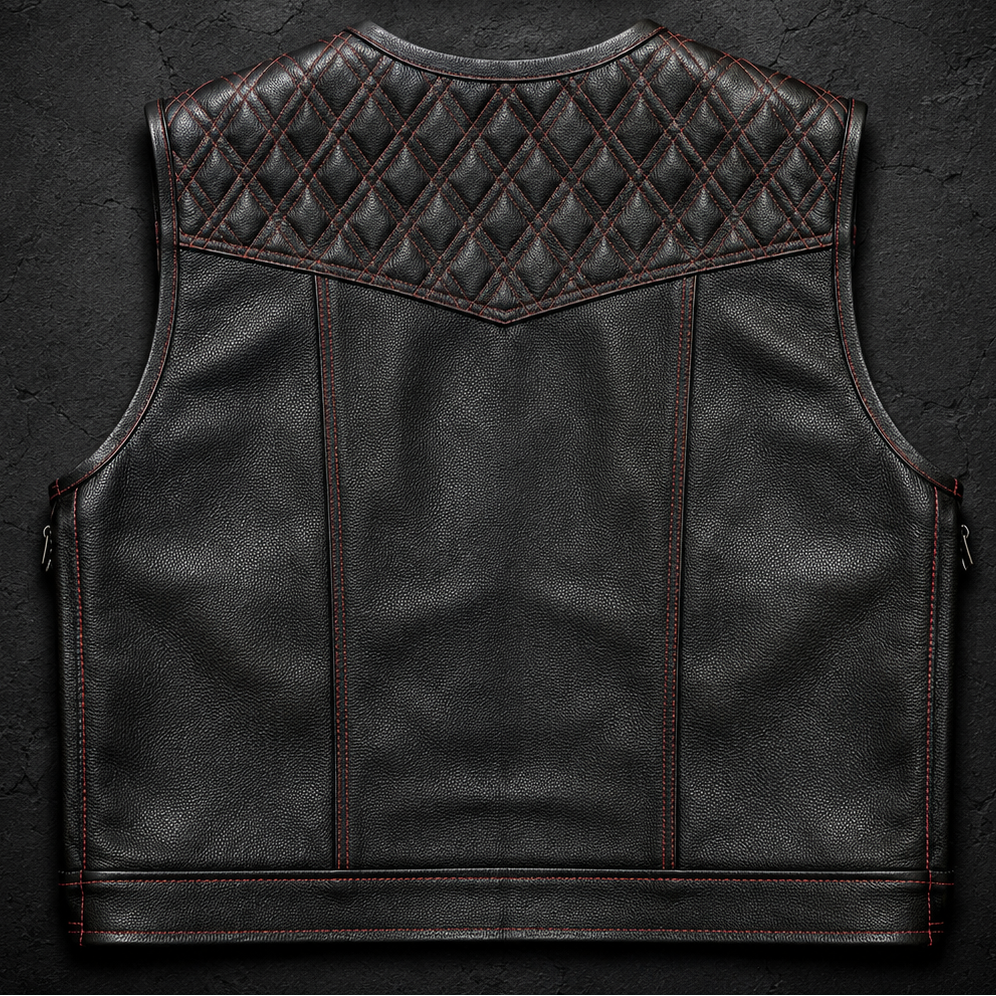 A black leather motorcycle vest with diamond-quilted stitching on the upper chest, shown flat against a dark textured background with a 'LEATHERS CRAFTED' logo above it.