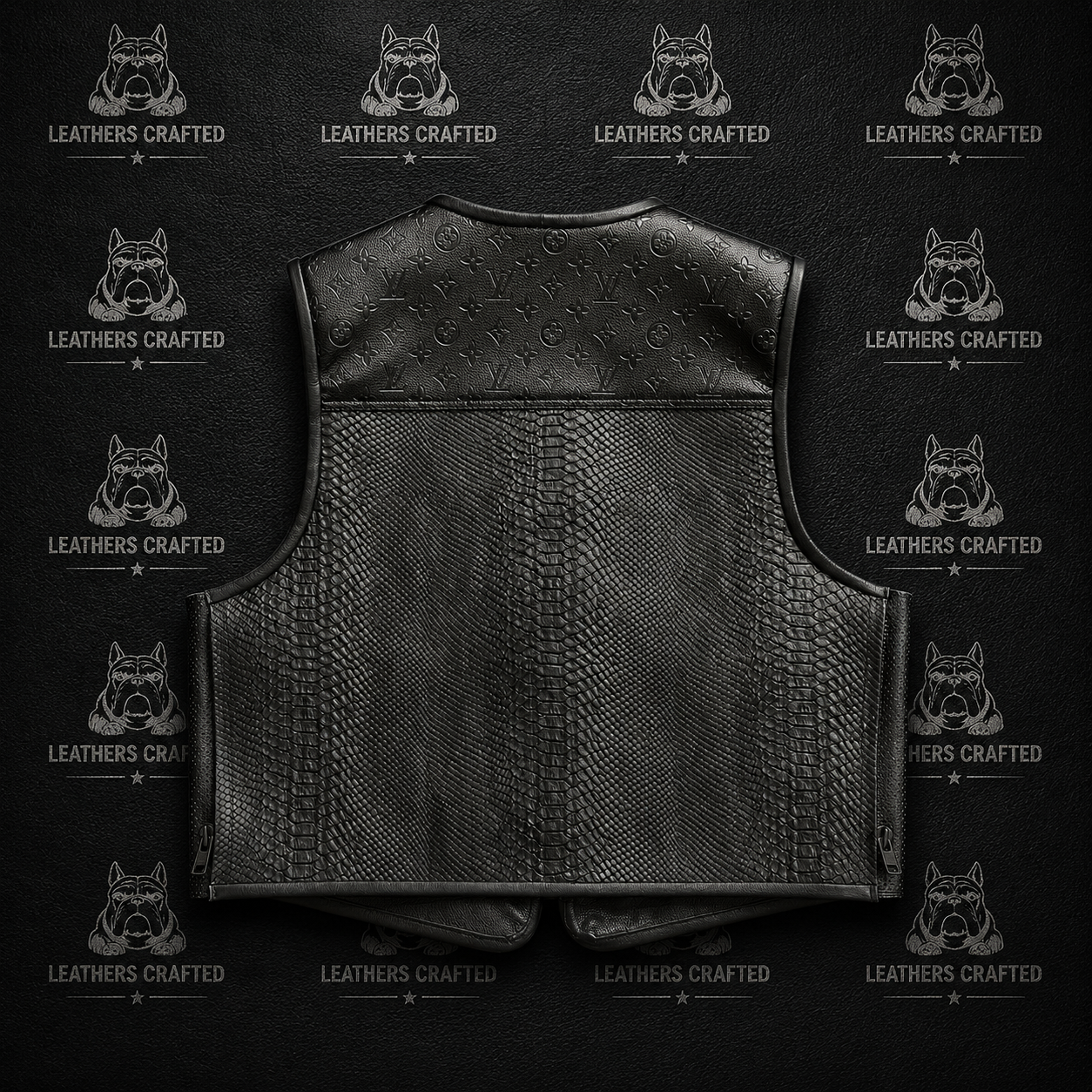 Black leather motorcycle vest with textured scales and embossed patterns, shown from the back on a dark textured background with 'LEATHERS CRAFTED' ogo watermarks.