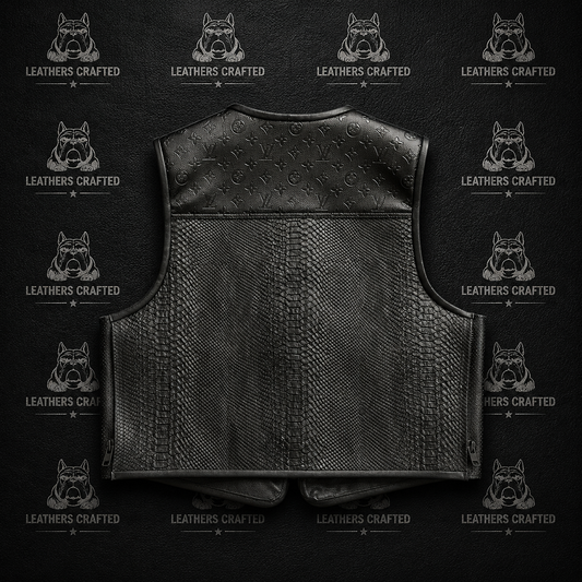 Black leather motorcycle vest with textured scales and embossed patterns, shown from the back on a dark textured background with 'LEATHERS CRAFTED' ogo watermarks.