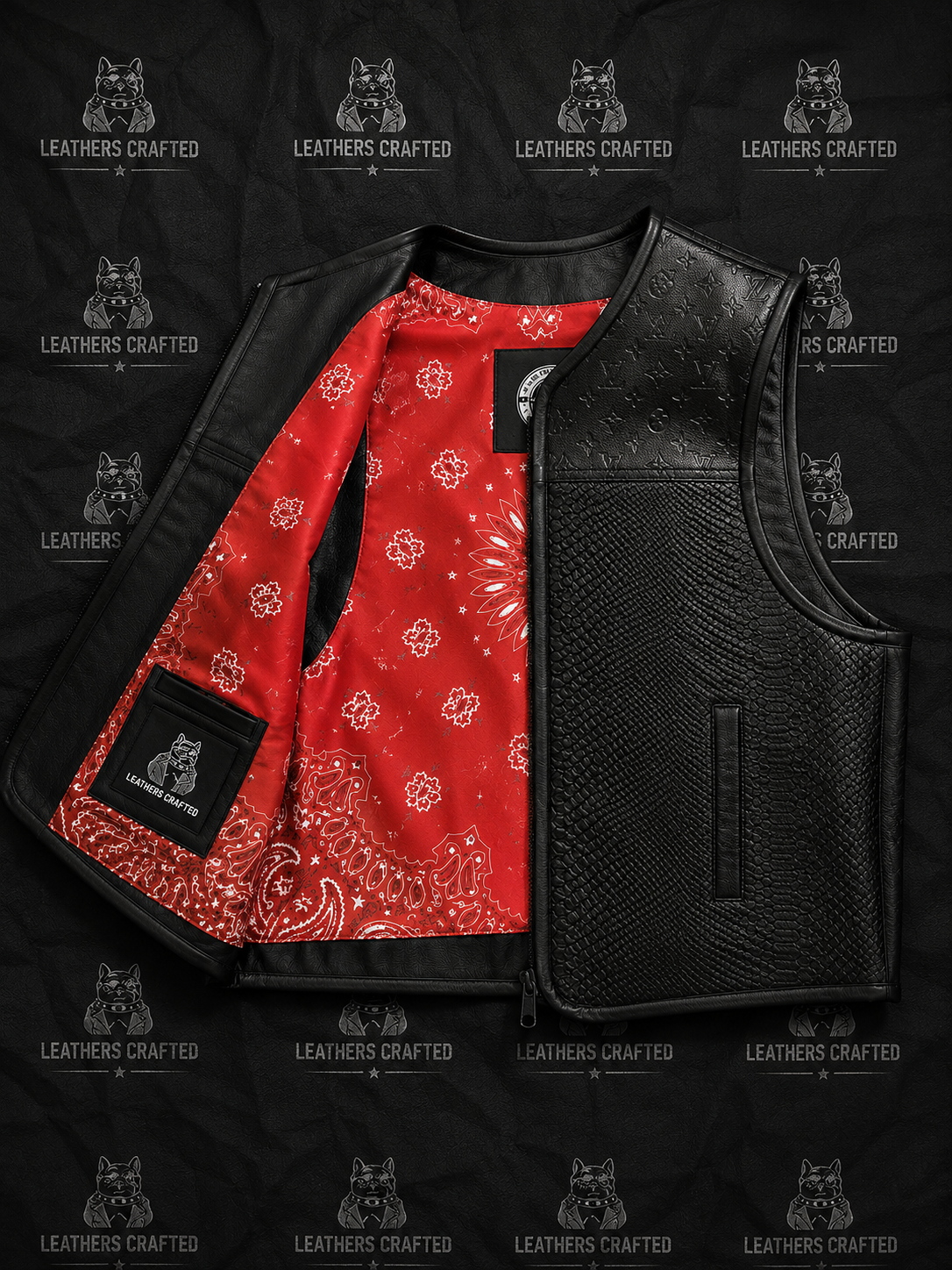 Black leather motorcycle vest with a red paisley bandana lining, displayed flat against a black background with a repeating 'Leathers Crafted' logo pattern.