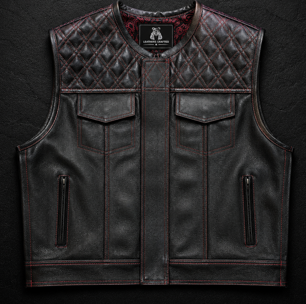 A black leather motorcycle vest with diamond-quilted shoulder panels and dark red contrast stitching, displayed against a dark textured background with the 'Leathers Crafted' logo above.