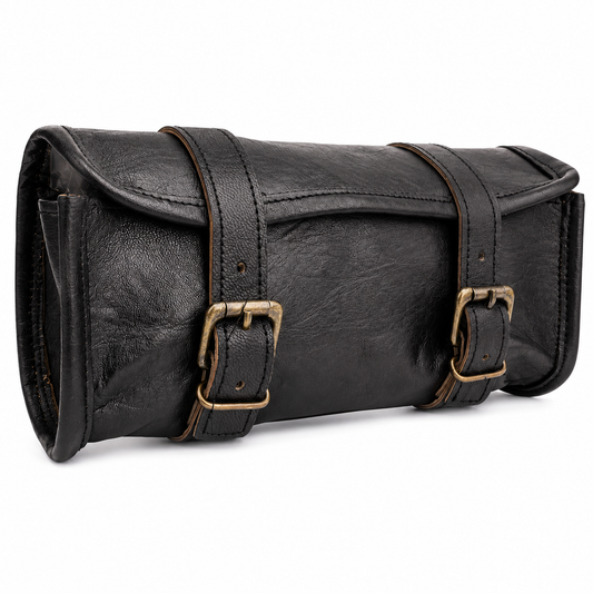 Black leather tool roll saddle bag with buckle straps