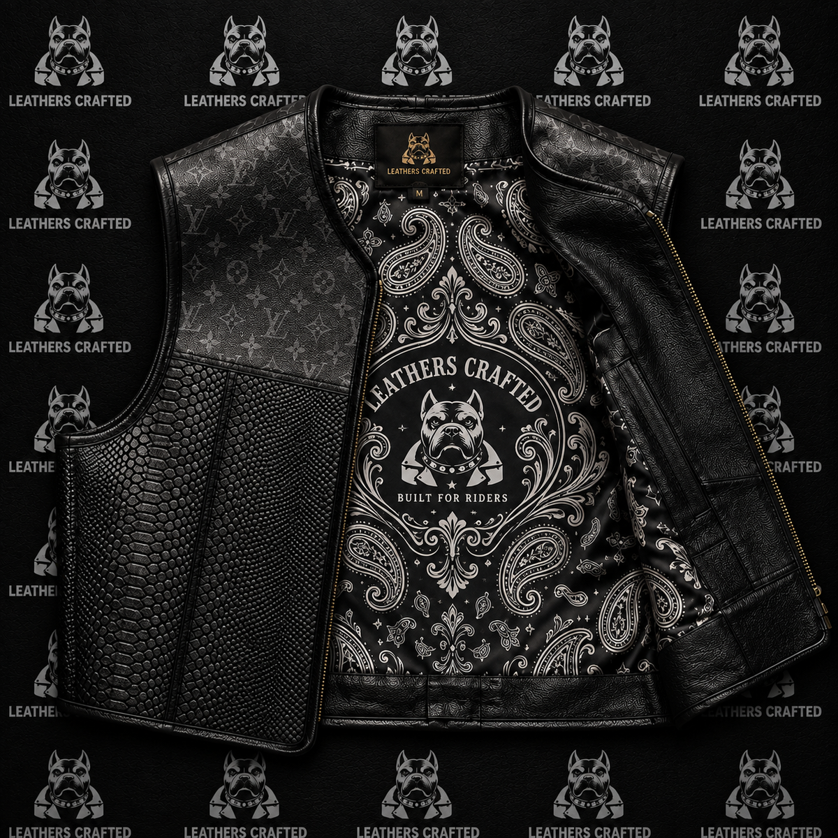 Black leather motorcycle vest with mixed textures, including smooth leather, embossed monogram pattern, and crocodile skin texture, featuring a large white graphic print on the inside and a black-and-white French Bulldog logo.