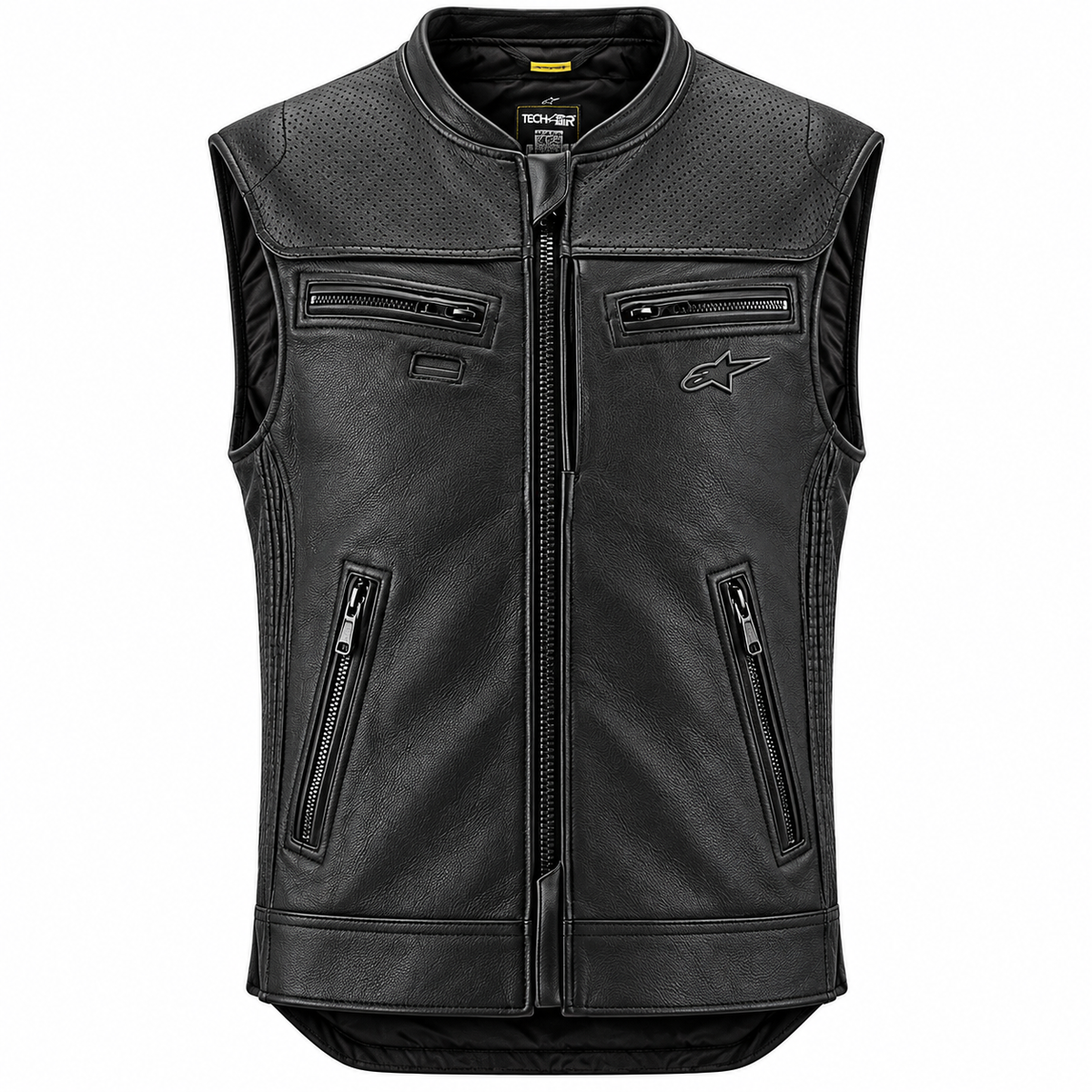 Black leather motorcycle vest with a front zipper, zippered chest pockets, and a visible Alpinestars logo on the left chest, shown against a plain white background.
