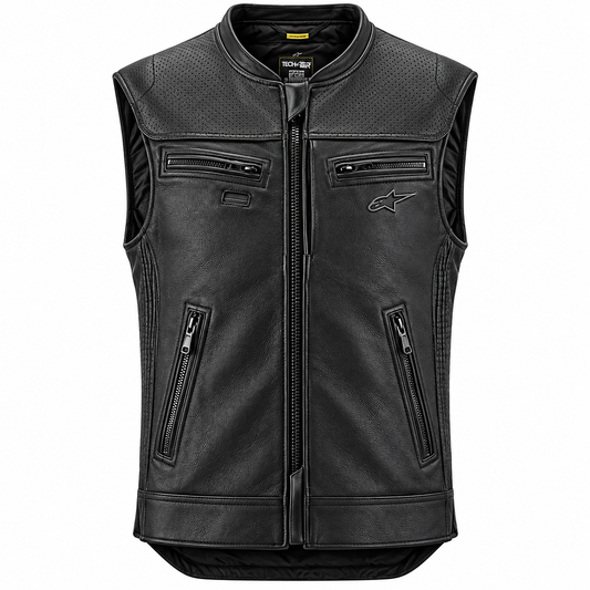 Black leather motorcycle vest with a front zipper, zippered chest pockets, and a visible Alpinestars logo on the left chest, shown against a plain white background.