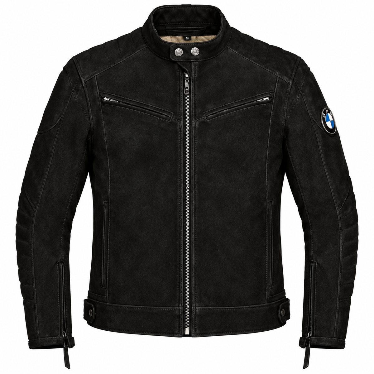 A black BMW motorcycle jacket made of textured leather or faux leather, featuring a full zip front, zippered chest pockets, and the signature BMW roundel patch on the left sleeve, shown against a plain white background.