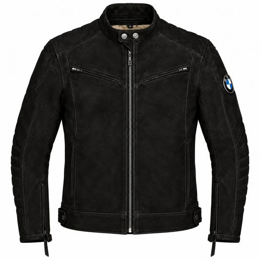 A black BMW motorcycle jacket made of textured leather or faux leather, featuring a full zip front, zippered chest pockets, and the signature BMW roundel patch on the left sleeve, shown against a plain white background.