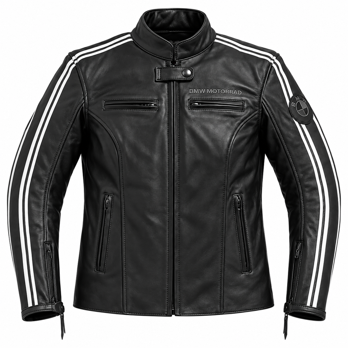 A black leather motorcycle jacket with white double stripes running down the sleeves, featuring a high collar, front zipper, zippered chest pockets, and a BMW Motorrad logo on the left chest.