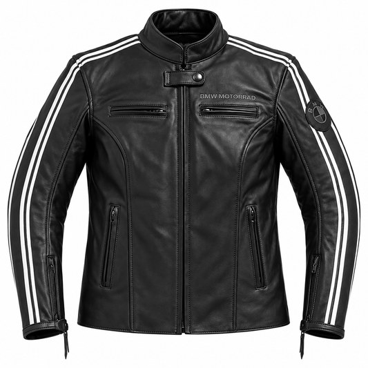 A black leather motorcycle jacket with white double stripes running down the sleeves, featuring a high collar, front zipper, zippered chest pockets, and a BMW Motorrad logo on the left chest.