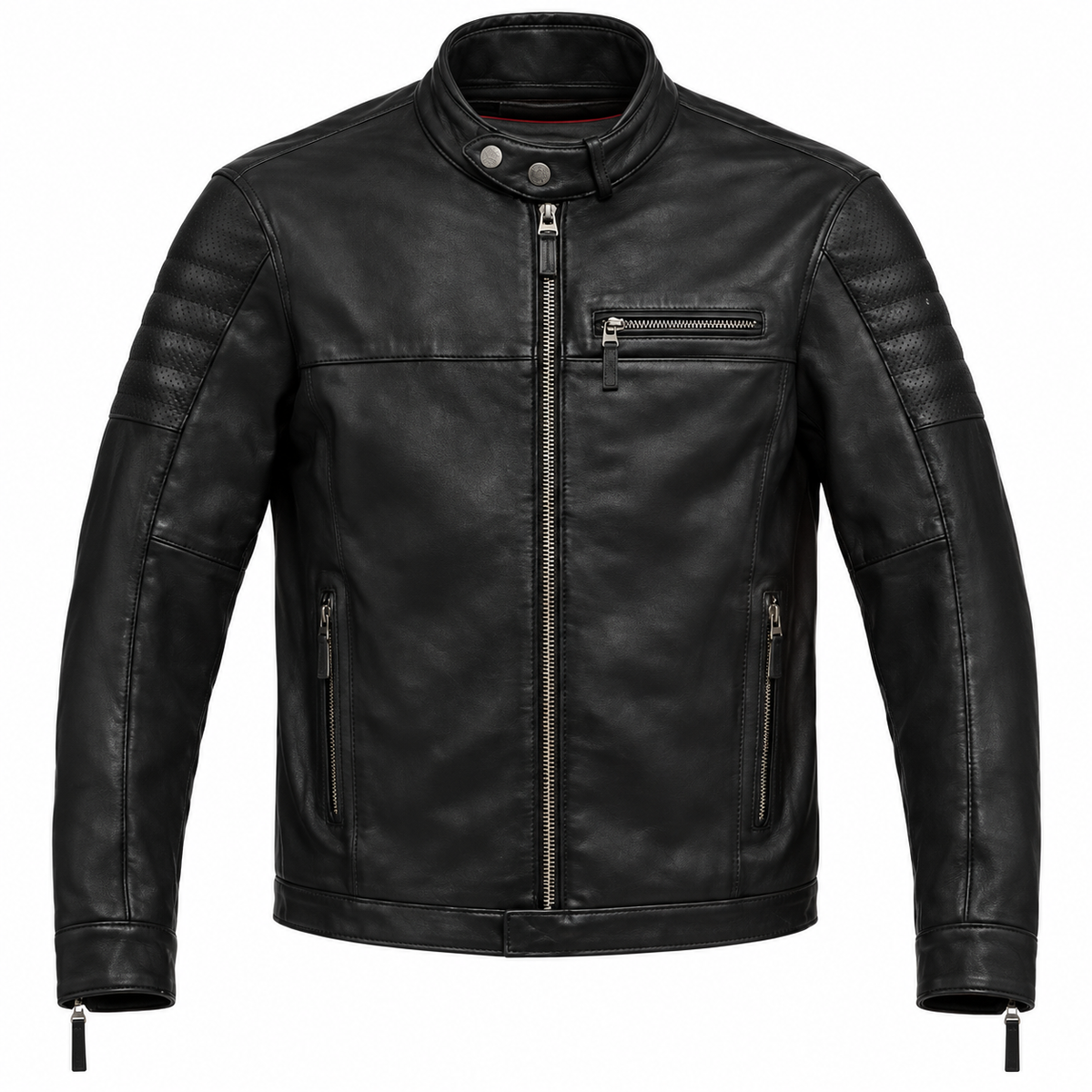 A black leather motorcycle jacket with a stand collar, front zipper, zippered chest pocket, and ribbed sleeve panels, shown on a plain white background.