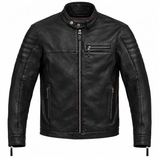 A black leather motorcycle jacket with a stand collar, front zipper, zippered chest pocket, and ribbed sleeve panels, shown on a plain white background.