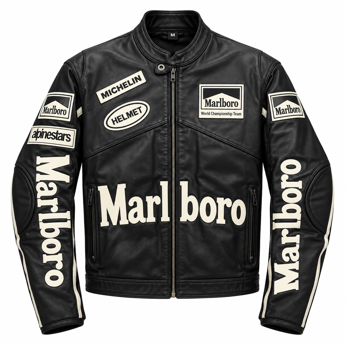 Black leather motorcycle jacket with prominent white Marlboro logos and sponsor patches including Michelin, AlpineStars, and Helmet, shown on a plain white background.