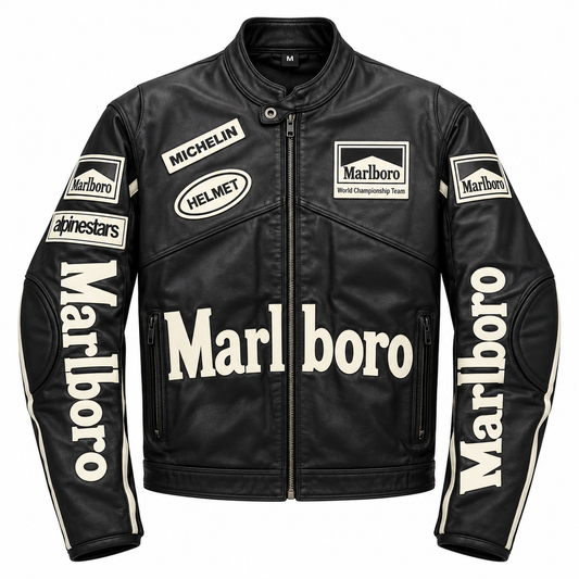 Black leather motorcycle jacket with prominent white Marlboro logos and sponsor patches including Michelin, AlpineStars, and Helmet, shown on a plain white background.