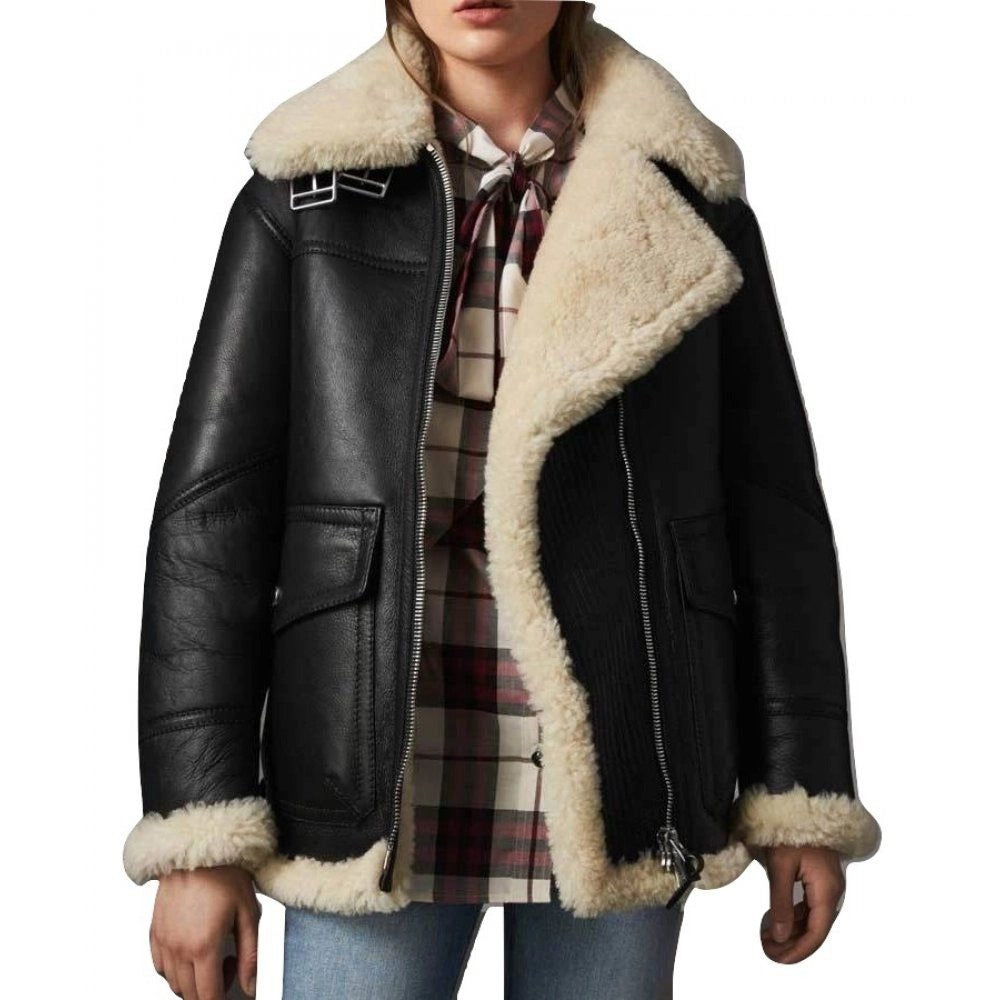 Women’s black shearling leather aviator jacket with cream fur lining and oversized collar by Leathers Crafted