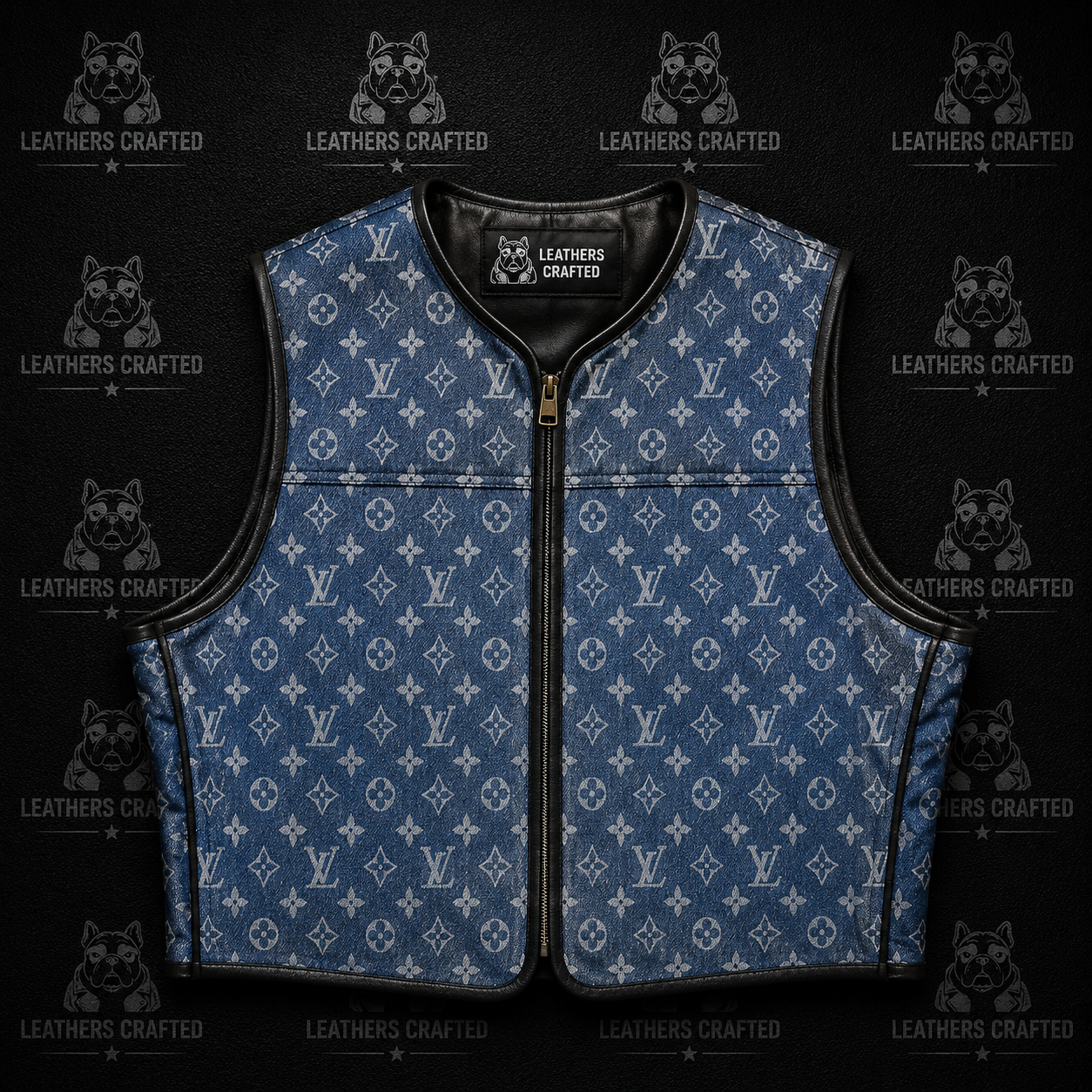 A blue monogram patterned leather vest with black trim and a front zipper, displayed flat against a dark background with repeated 'Leathers Crafted' logos.